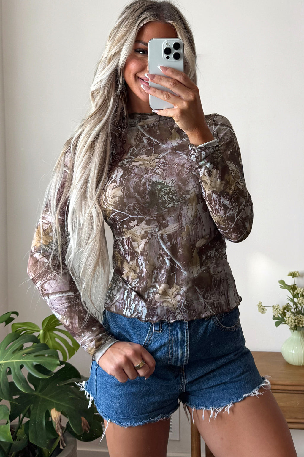 Camel Leopard Print Slim Fit Mesh Long Sleeve Mock Neck Top
