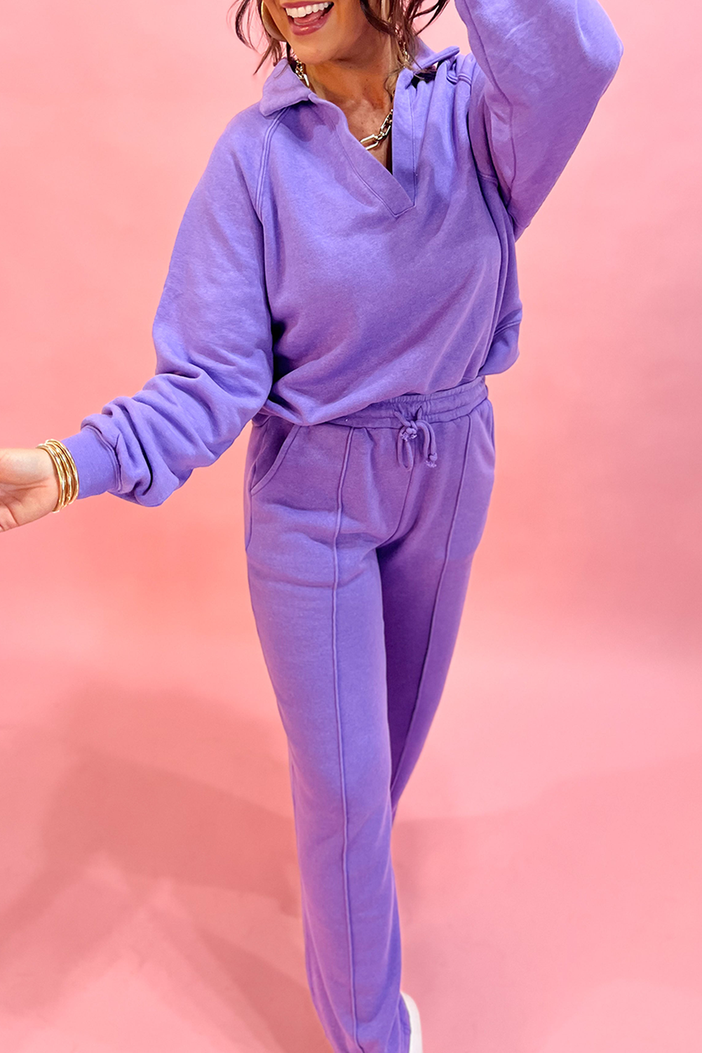 Wisteria Solid Color Collared Pullover and Central Seam Pants Set