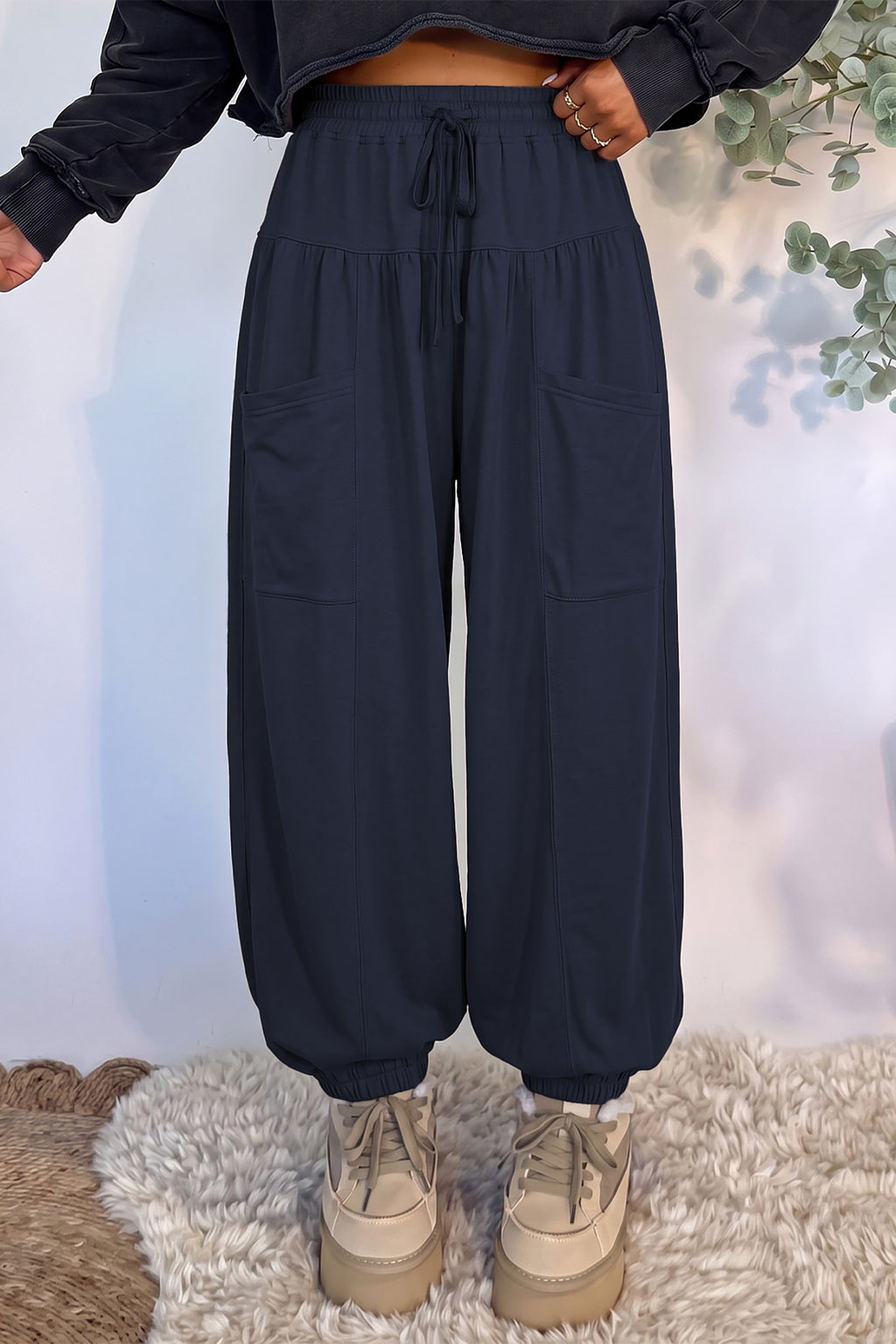 Seagrass Elastic Waist Drawstring Wide Leg Full Length Pants